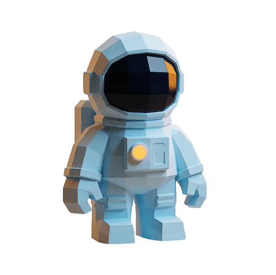 Moonman, a low-poly astronaut with a black visor and glowing orange chest light